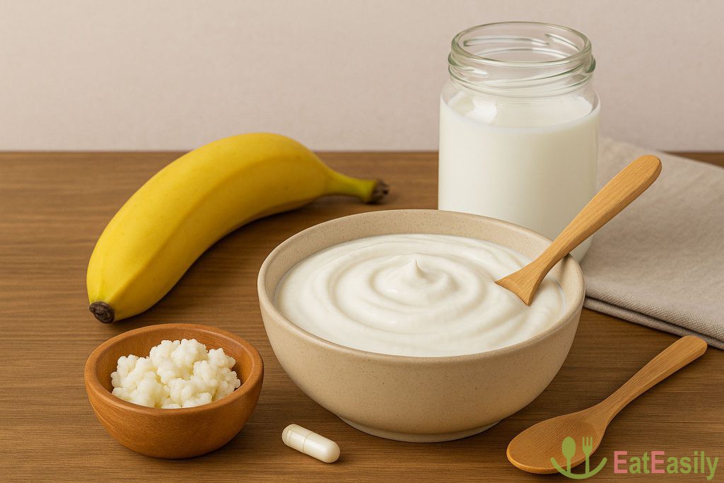 ماست خانگی پروبیوتیکی همراه با موز، شیر، دانه کفیر و کپسول پروبیوتیک روی میز چوبی