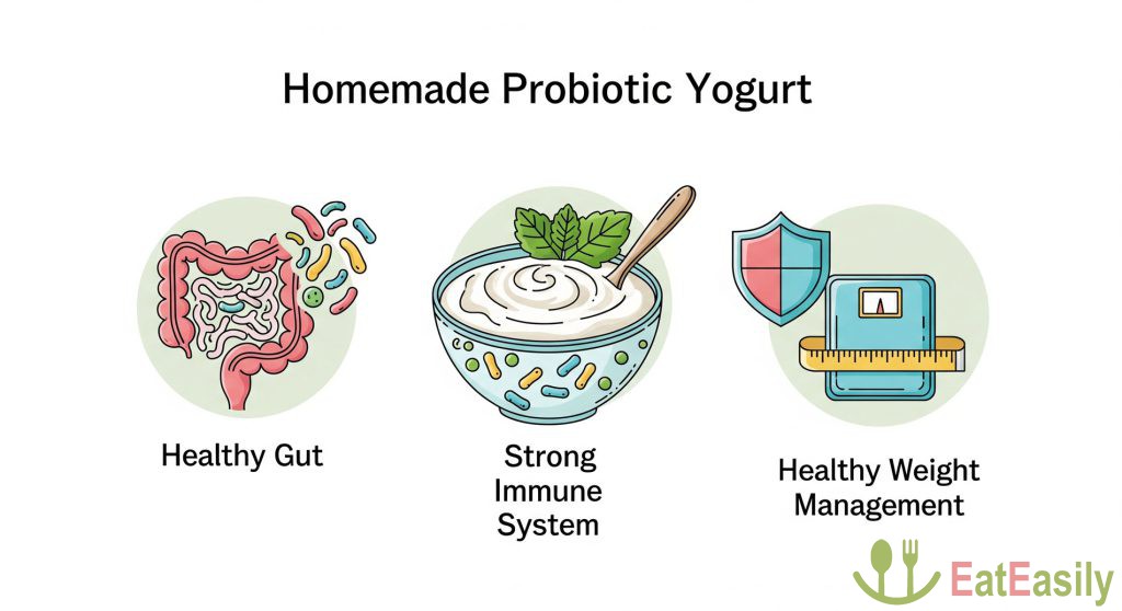 اینفوگرافیک مزایای ماست پروبیوتیک خانگی شامل تقویت سیستم ایمنی، سلامت روده و کمک به کاهش وزن

