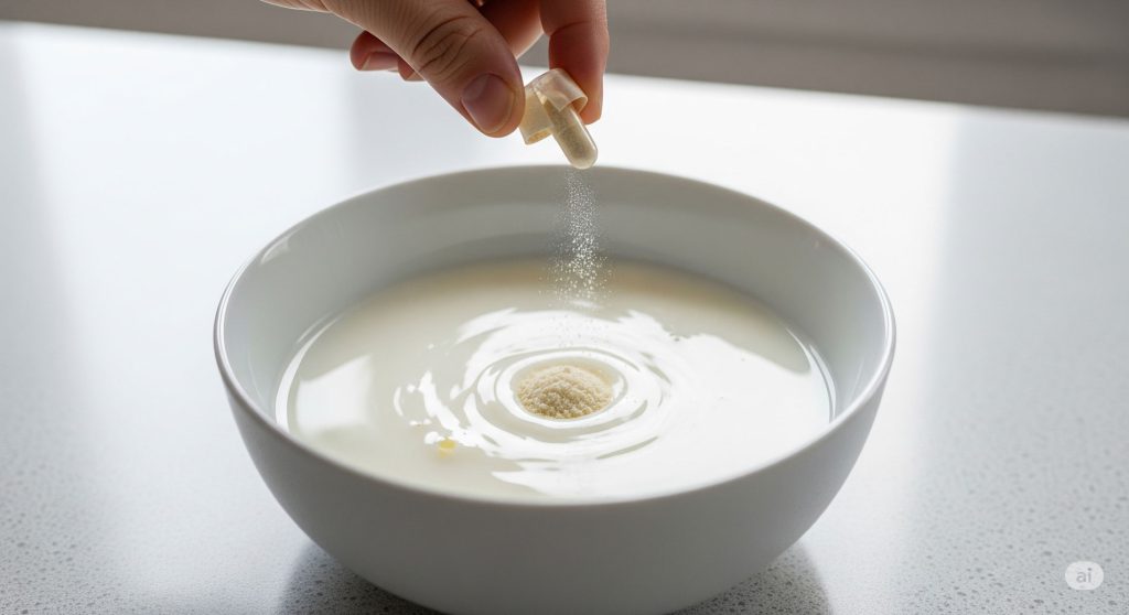 طرز تهیه ماست خانگی با کپسول پروبیوتیک؛ محتوای کپسول در حال ریخته شدن در شیر

